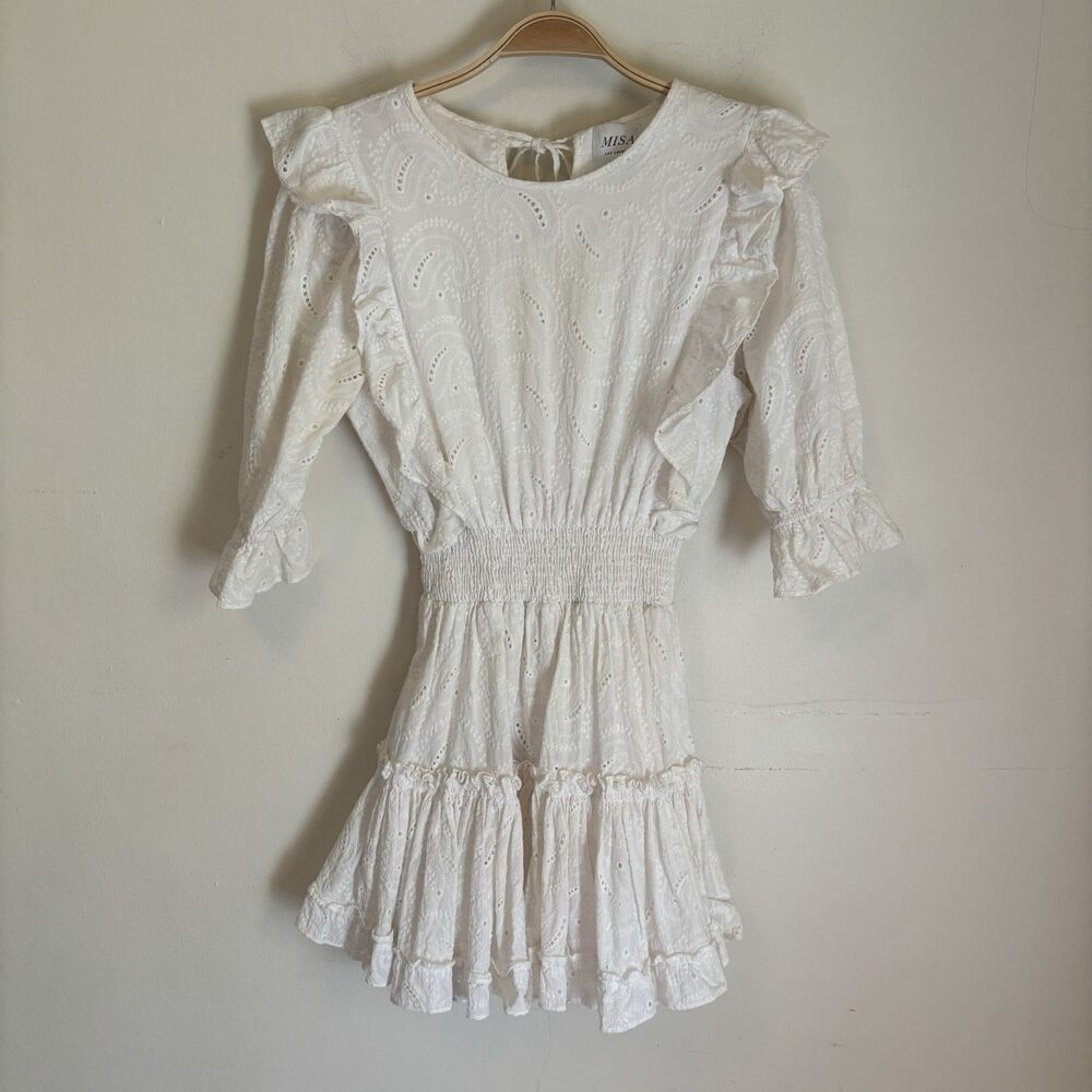 MISA Los Angeles Doutzen White Paisley Eyelet Lace Mini Dress Embroidered S‎